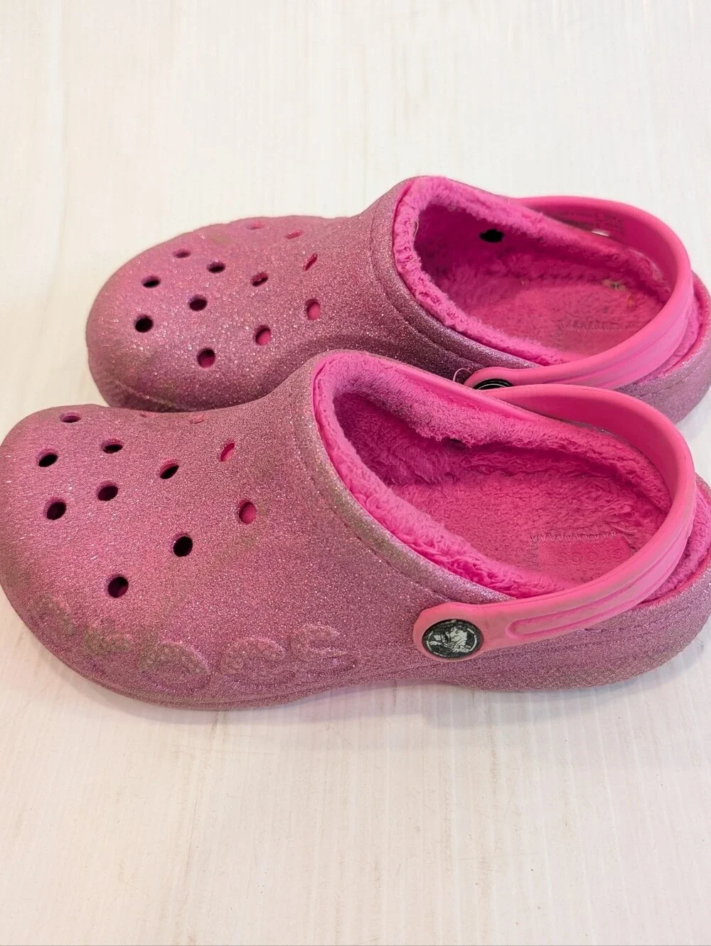 CROCS Girls Pink Glitter Fleece-Lined Clogs Size 3